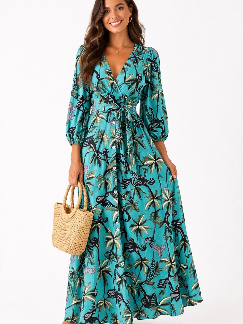 Guadalupe Tropical Monkey Print Wrap Maxi Dress 🌴 NWOT